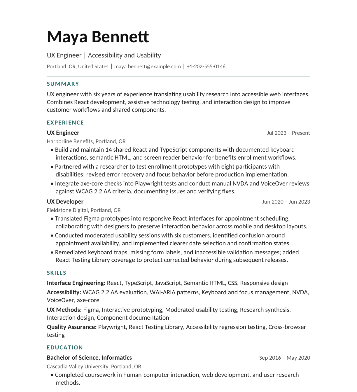 Accessibility-Focused UX Engineer resume example
