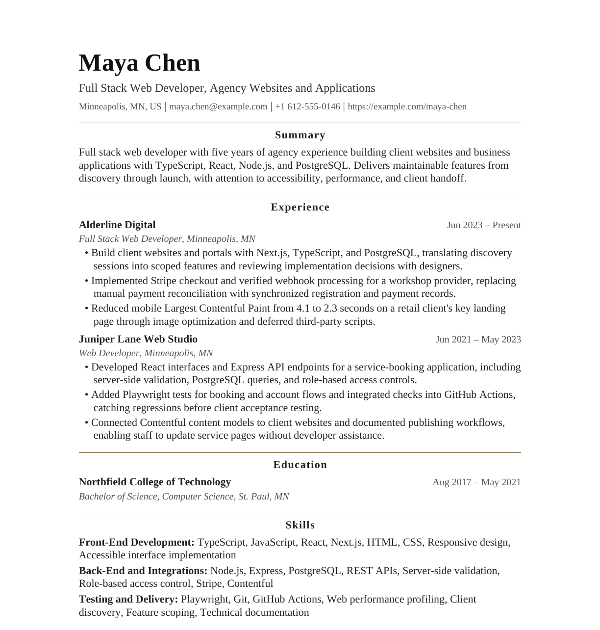 Agency Full Stack Web Developer resume example