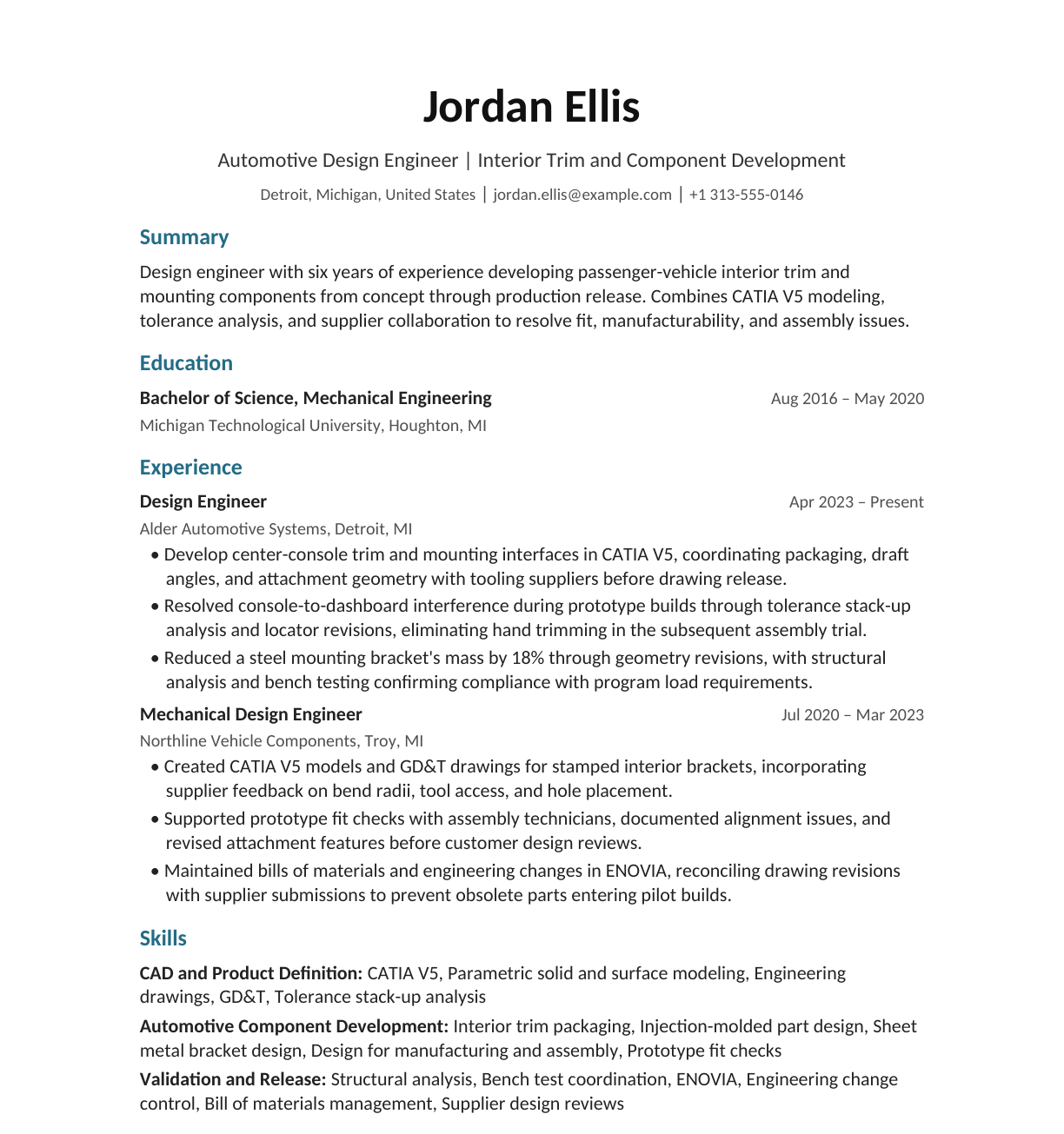 Automotive Design Engineer resume example