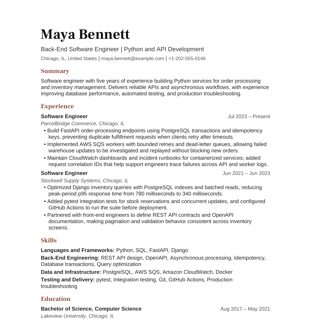 Back-End Software Engineer resume example
