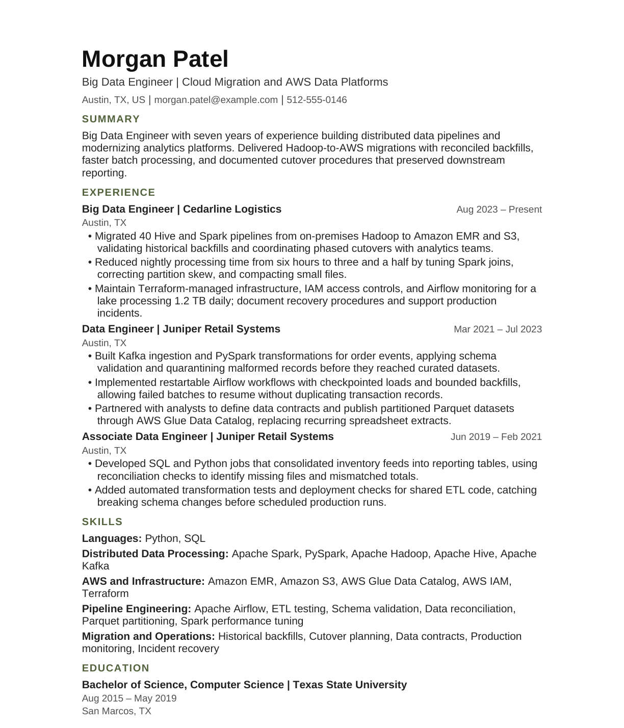 Big Data Engineer — Cloud Migration resume example