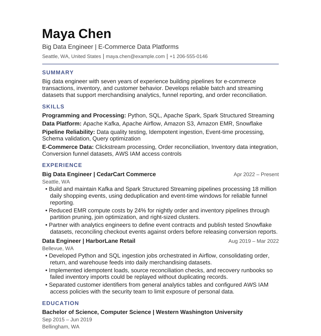 Big Data Engineer — E-Commerce resume example