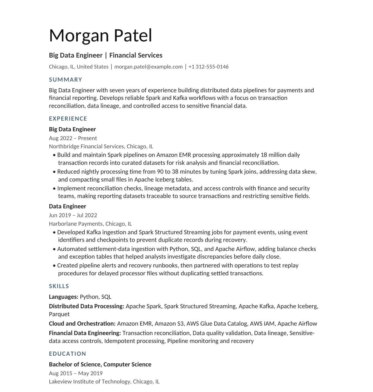 Big Data Engineer — Financial Services resume example