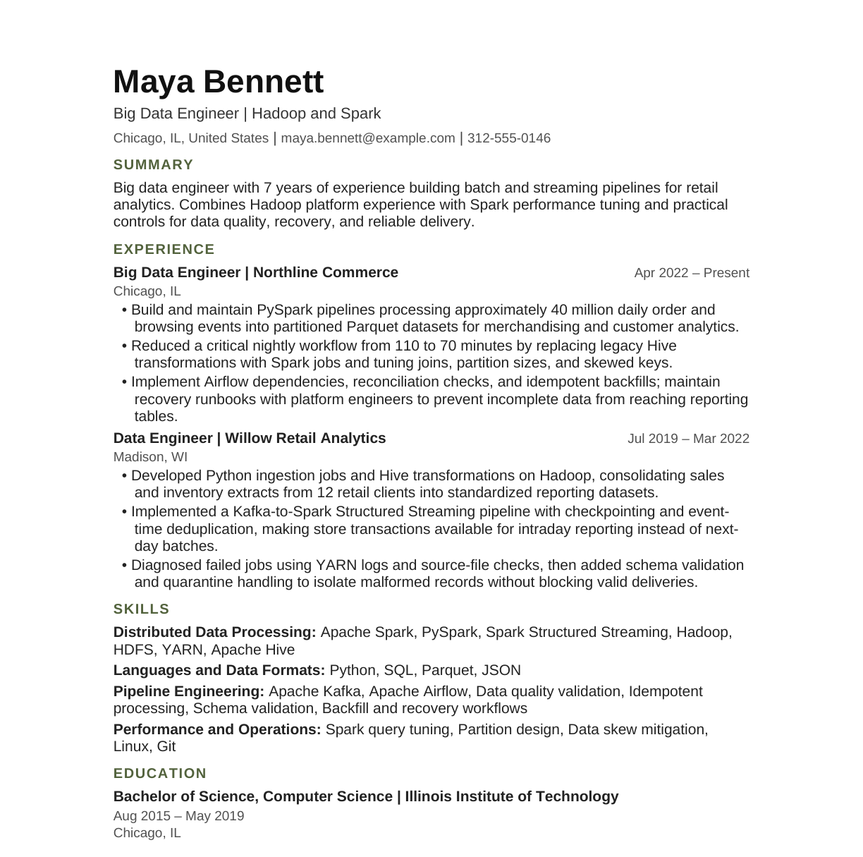 Big Data Engineer — Hadoop and Spark resume example