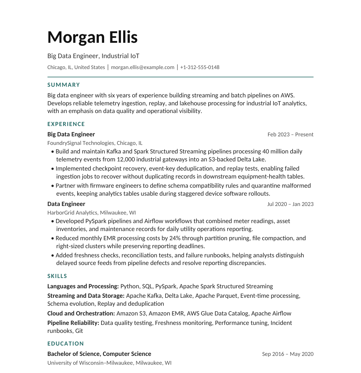 Big Data Engineer — IoT Data Pipelines resume example
