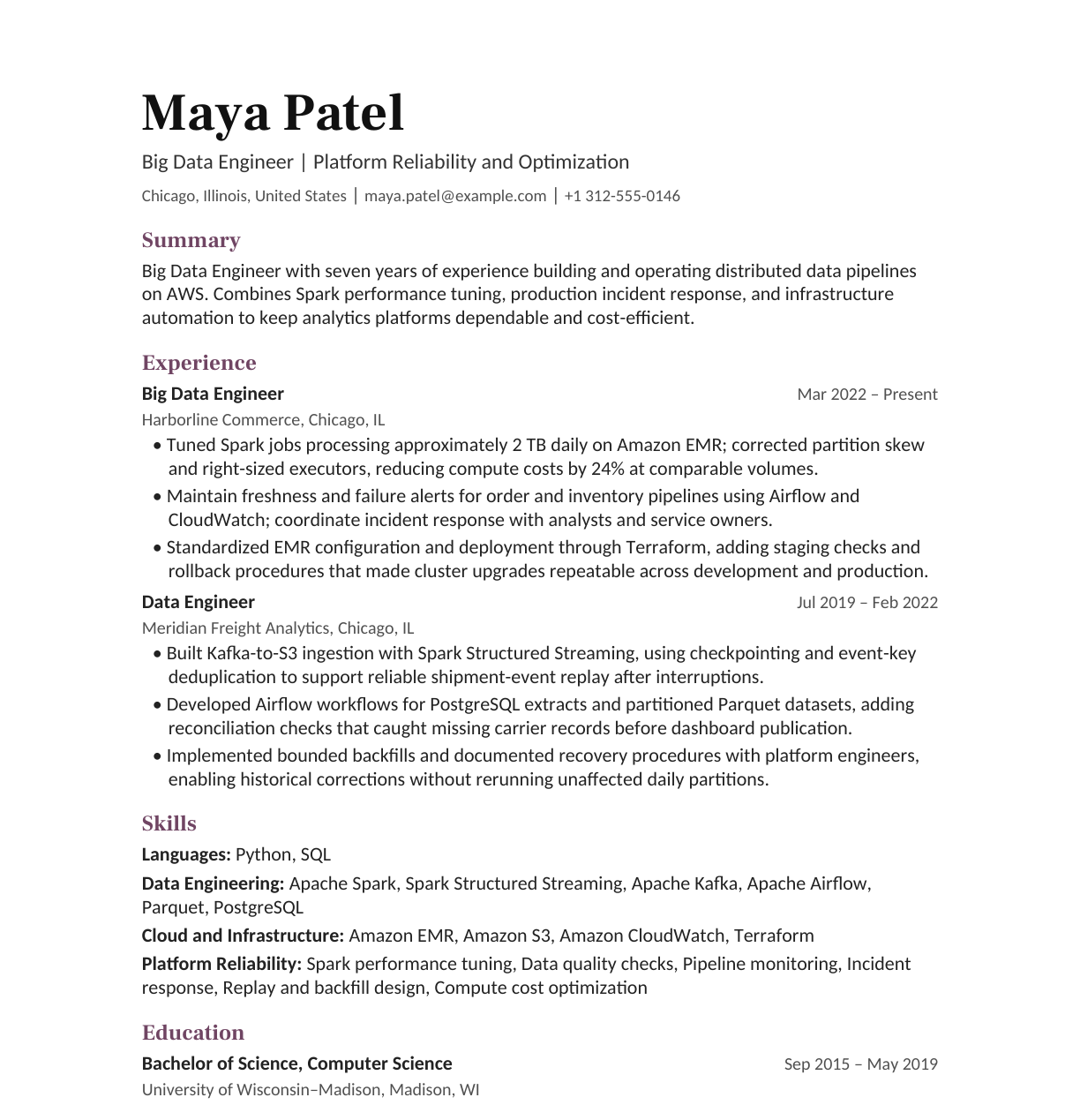 Big Data Engineer — Platform Reliability and Optimization resume example
