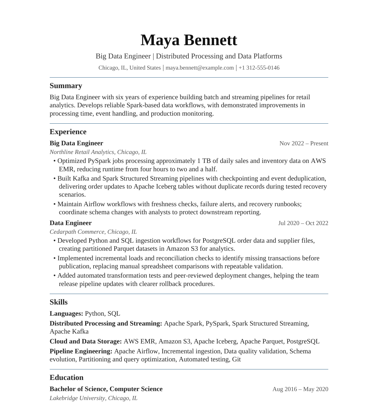 Big Data Engineer resume example