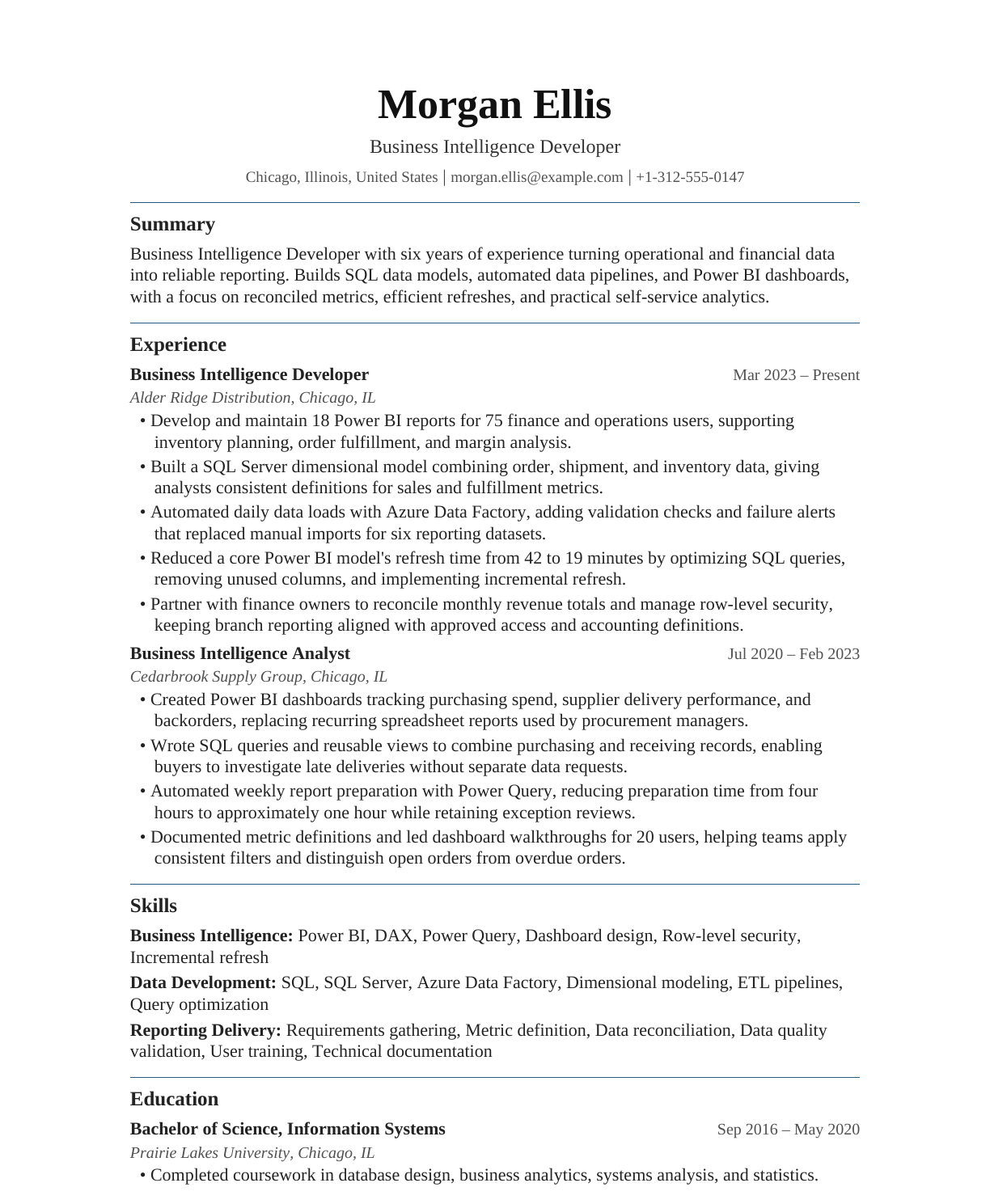 Business Intelligence Developer resume example
