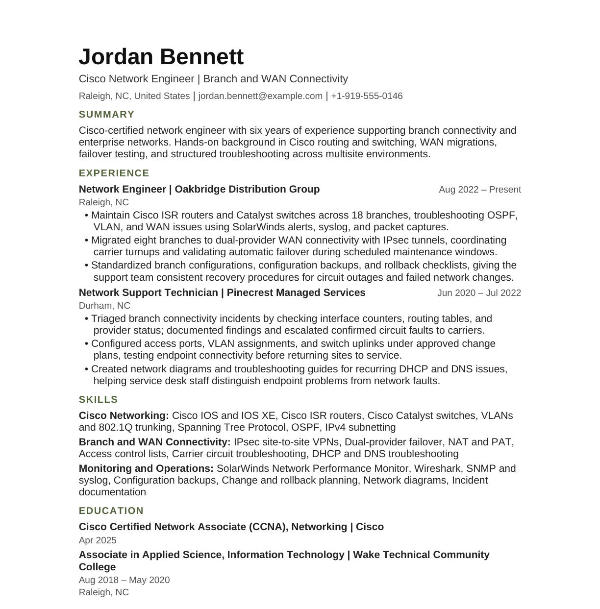 Cisco Network Engineer — Branch and WAN Connectivity resume example