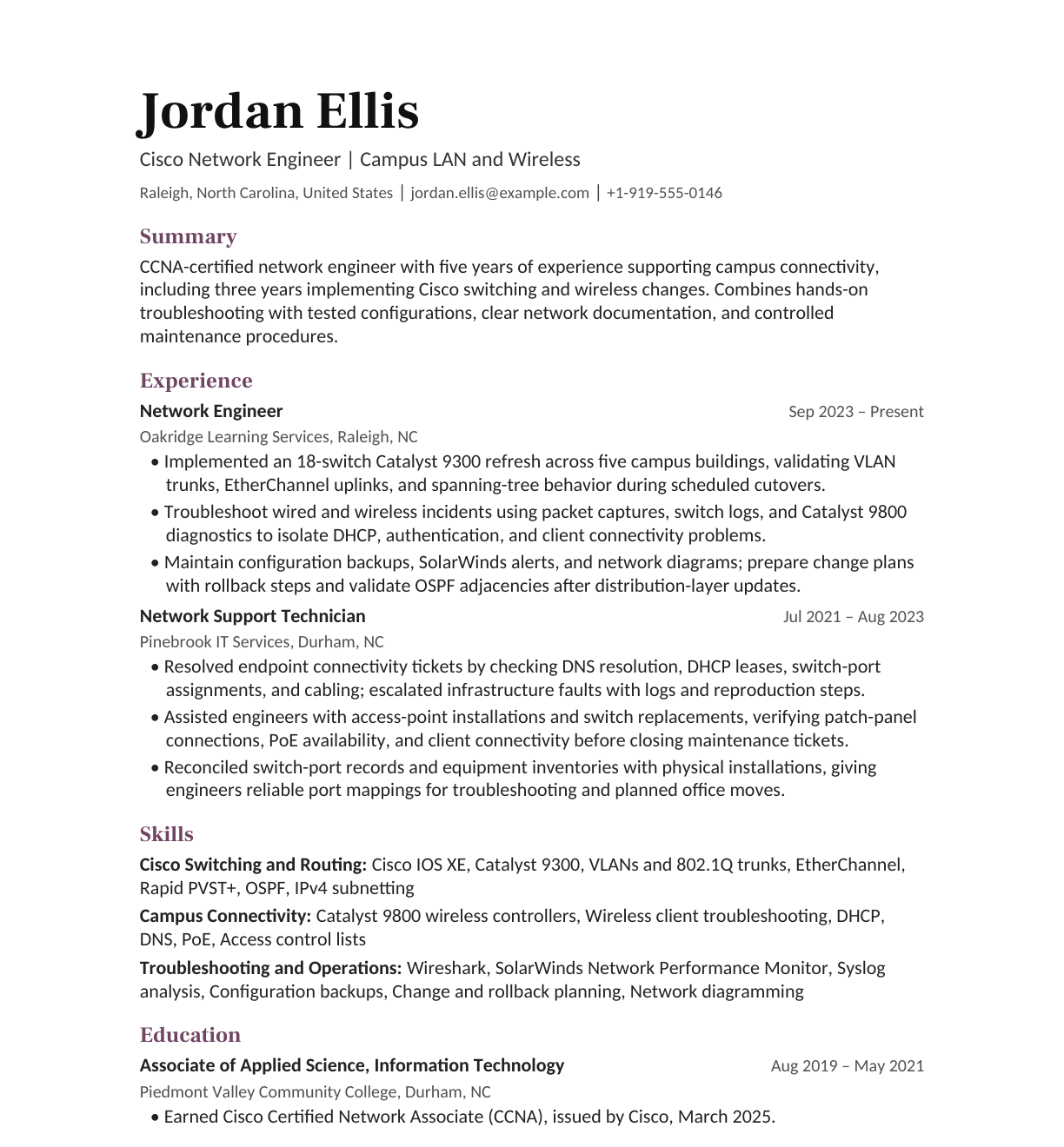 Cisco Network Engineer — Campus Networks resume example