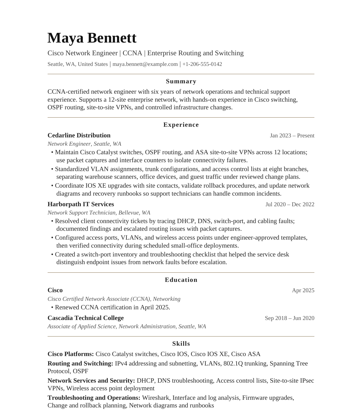 Cisco Network Engineer (CCNA) resume example