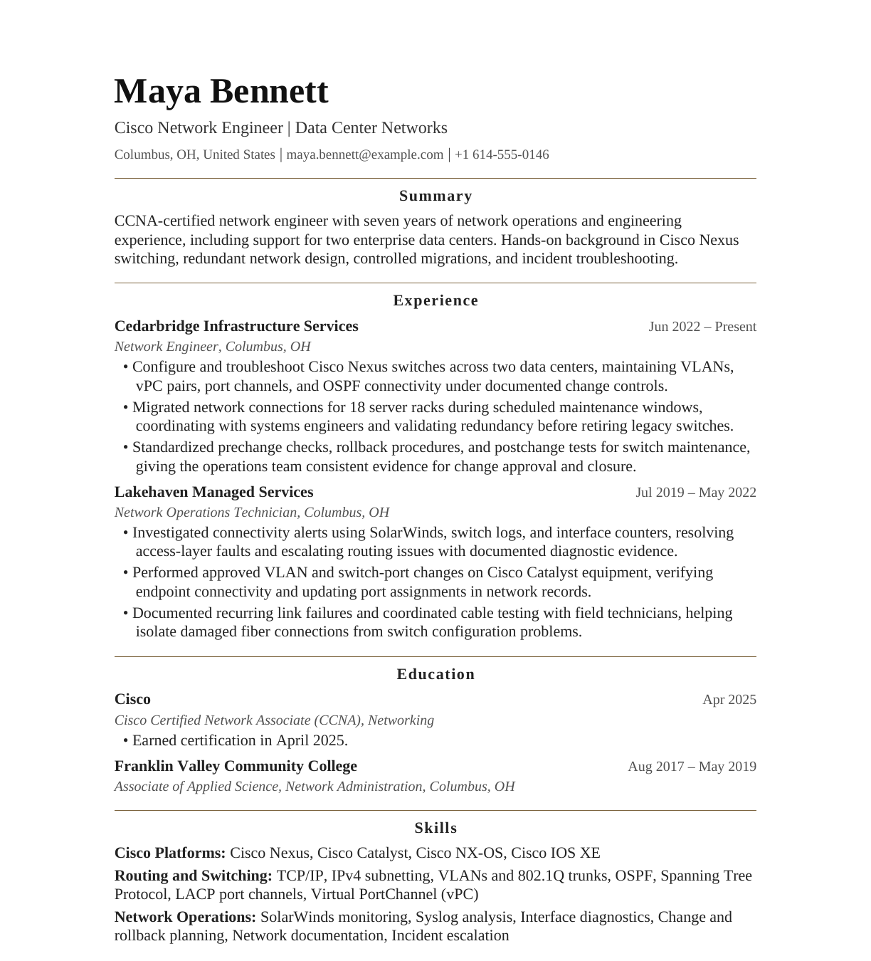 Cisco Network Engineer — Data Center Networks resume example