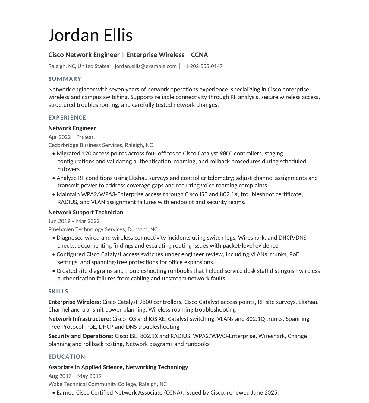 Cisco Network Engineer — Enterprise Wireless resume example