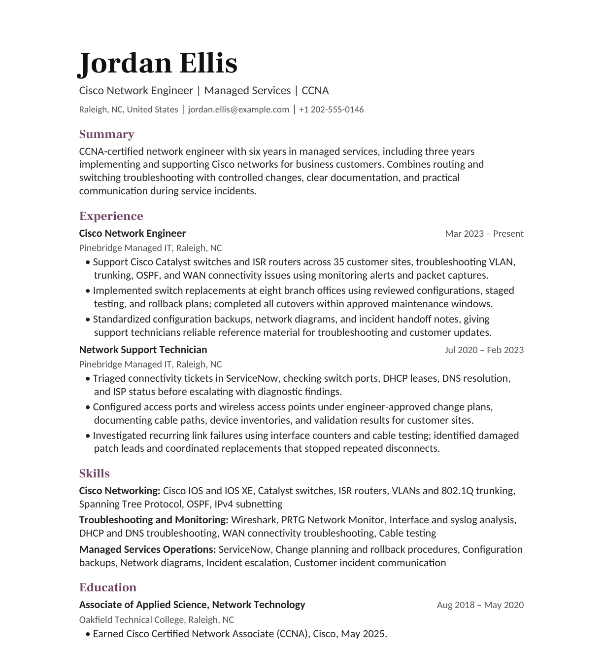 Cisco Network Engineer — Managed Services resume example