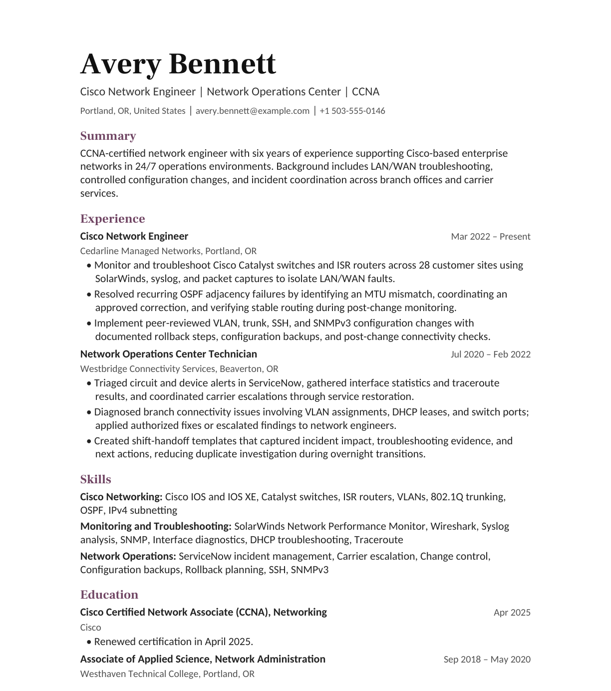 Cisco Network Engineer — Network Operations Center resume example
