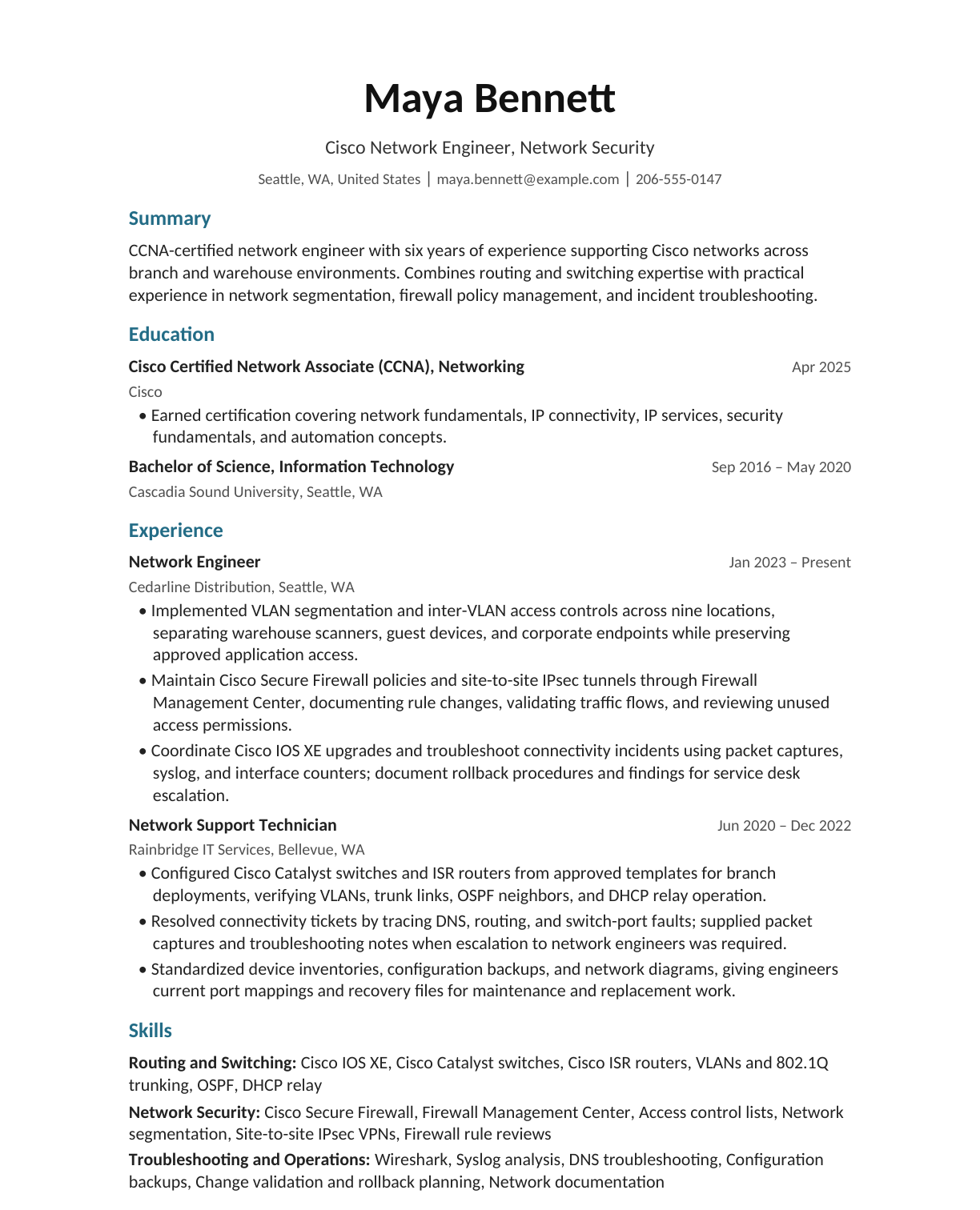 Cisco Network Engineer — Network Security resume example