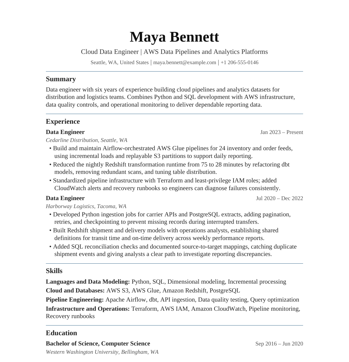 Cloud Data Engineer resume example