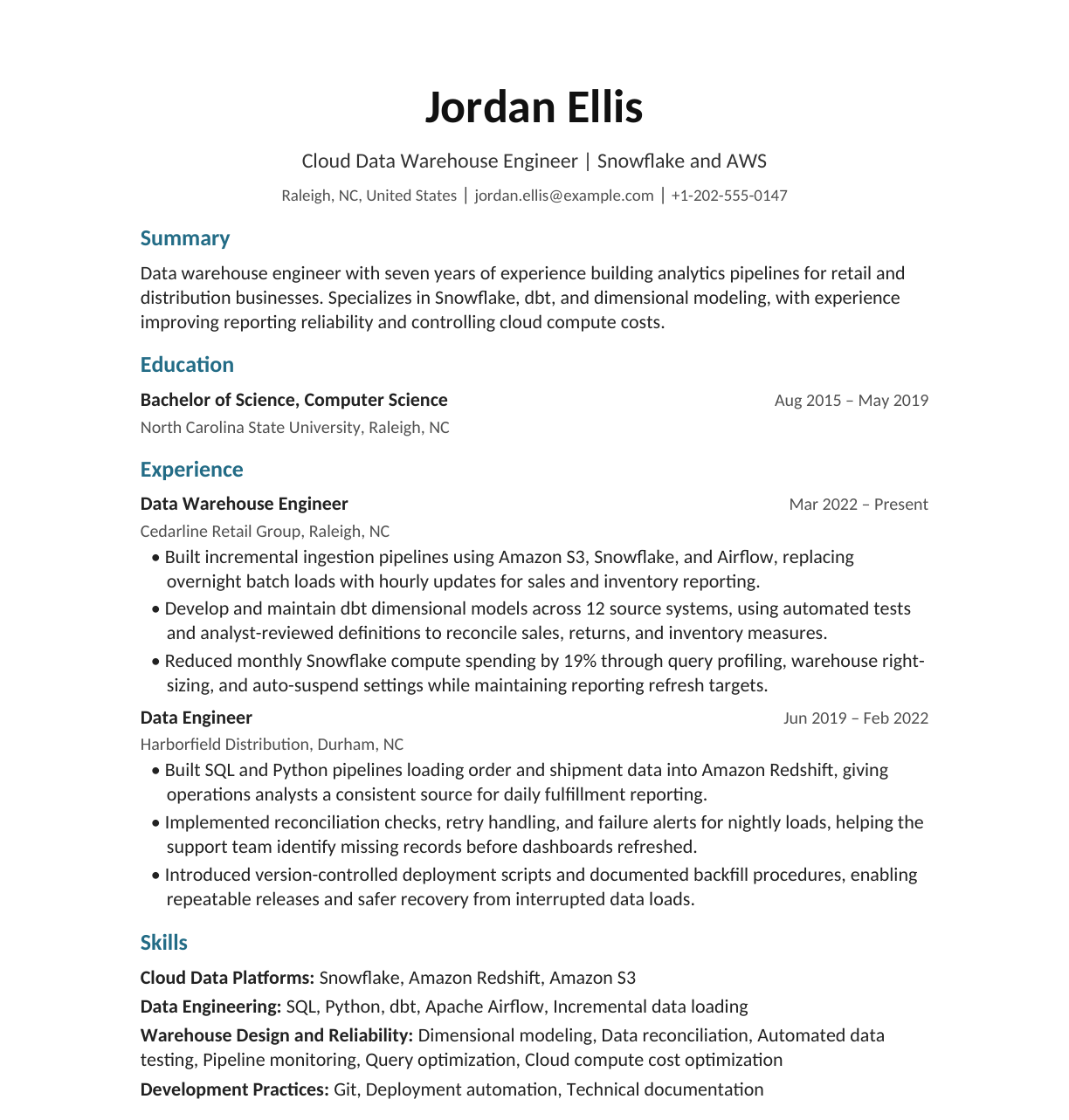 Cloud Data Warehouse Engineer resume example