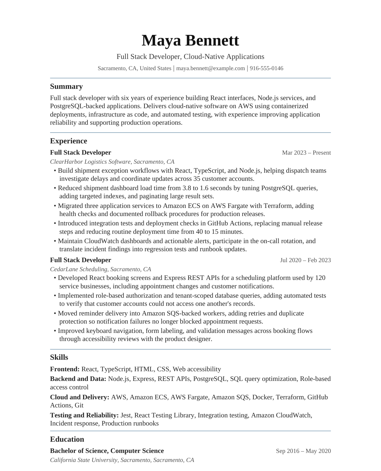 Cloud-Native Full Stack Developer resume example