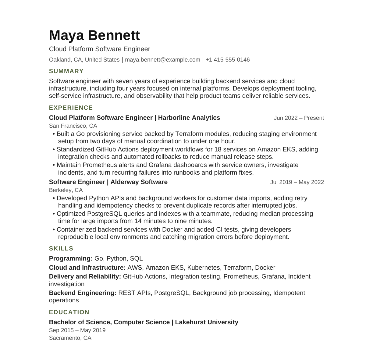 Cloud Platform Software Engineer resume example