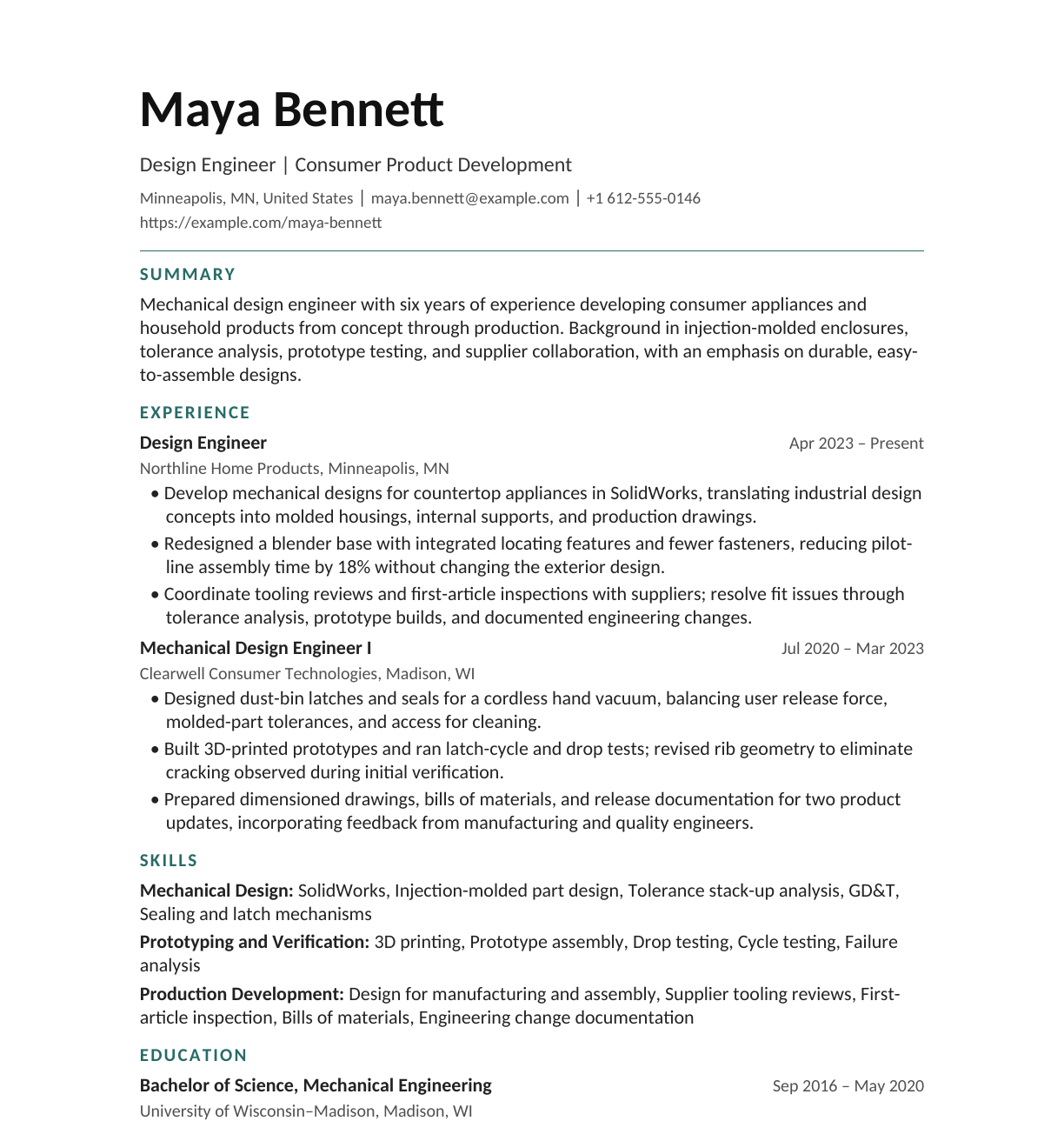 Consumer Products Design Engineer resume example