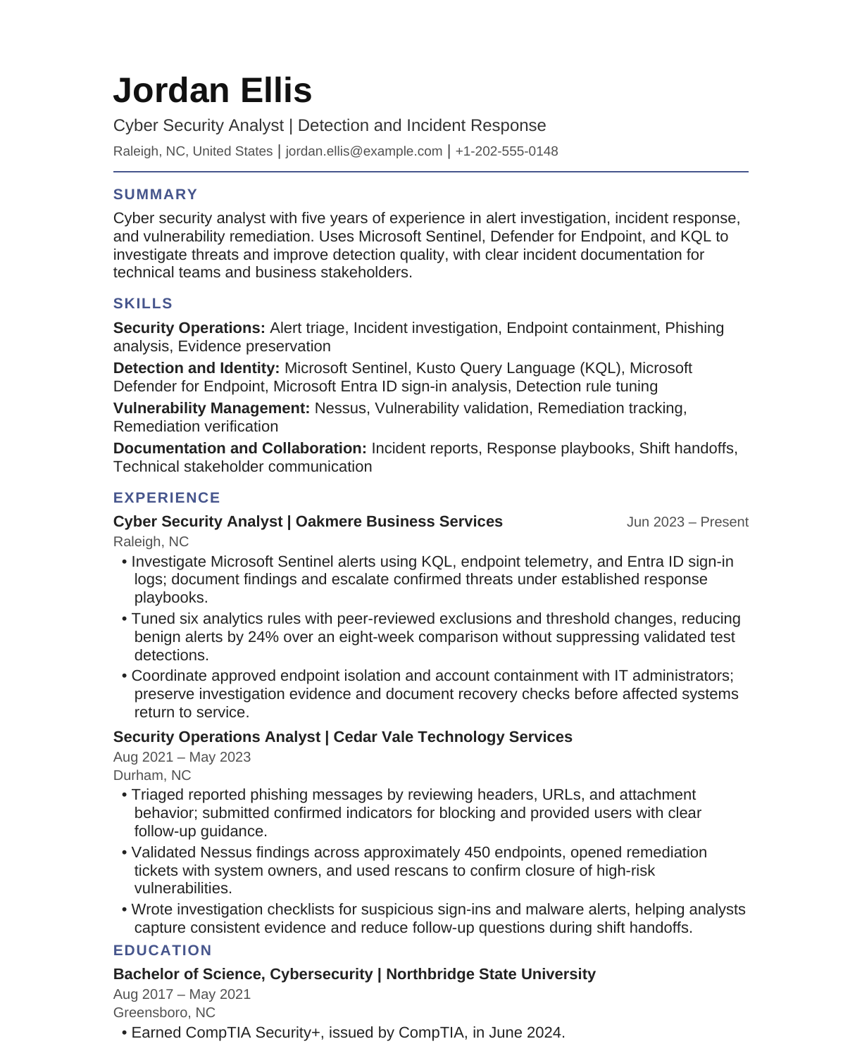 Cyber Security Analyst resume example