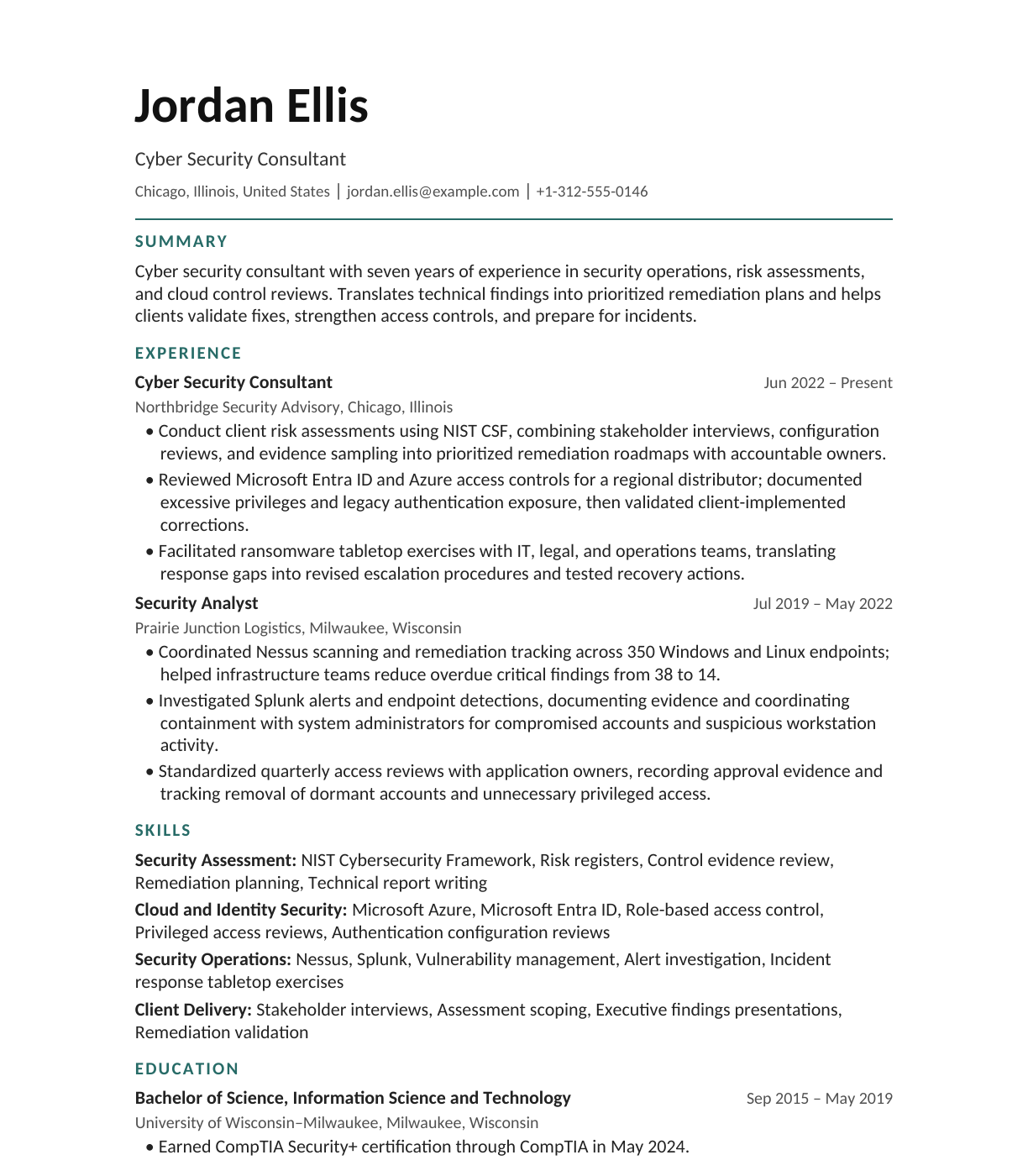 Cyber Security Consultant resume example