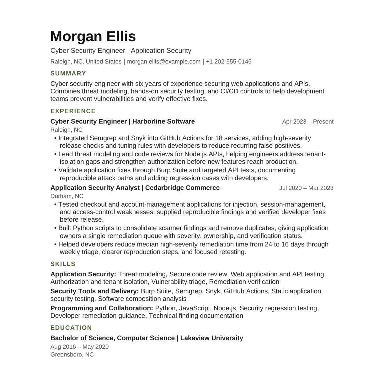 Cyber Security Engineer — Application Security resume example
