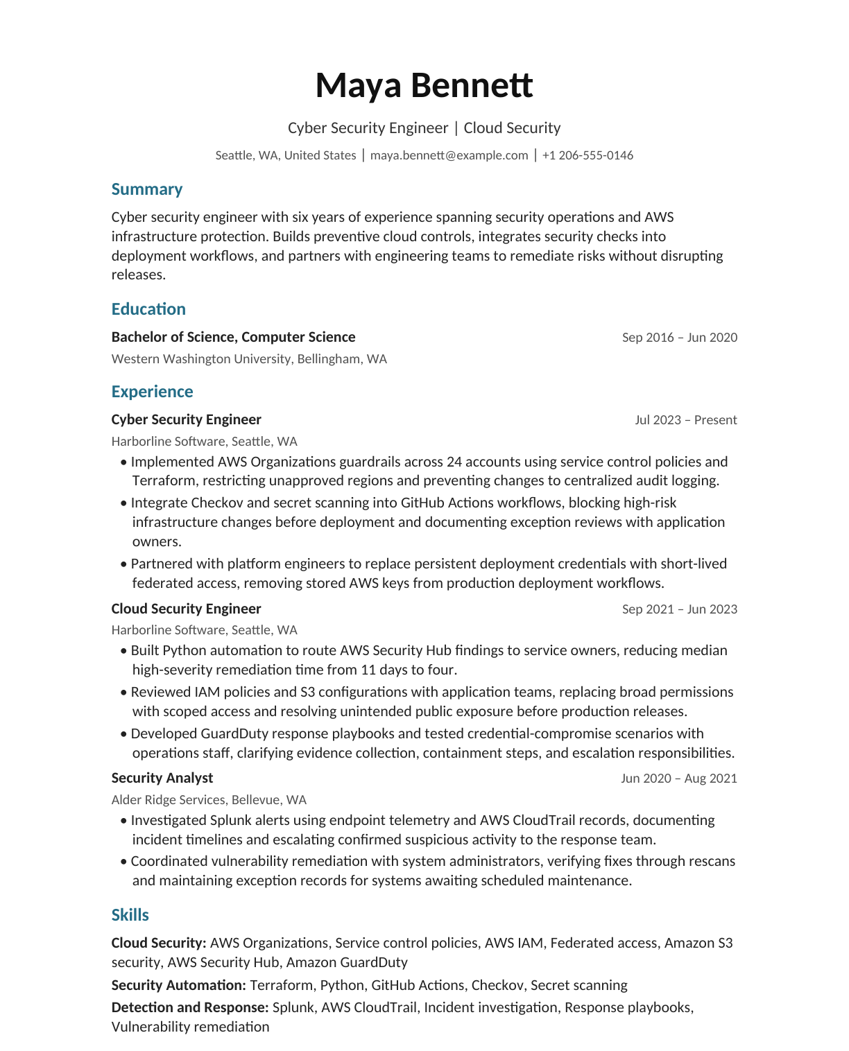 Cyber Security Engineer — Cloud Security resume example