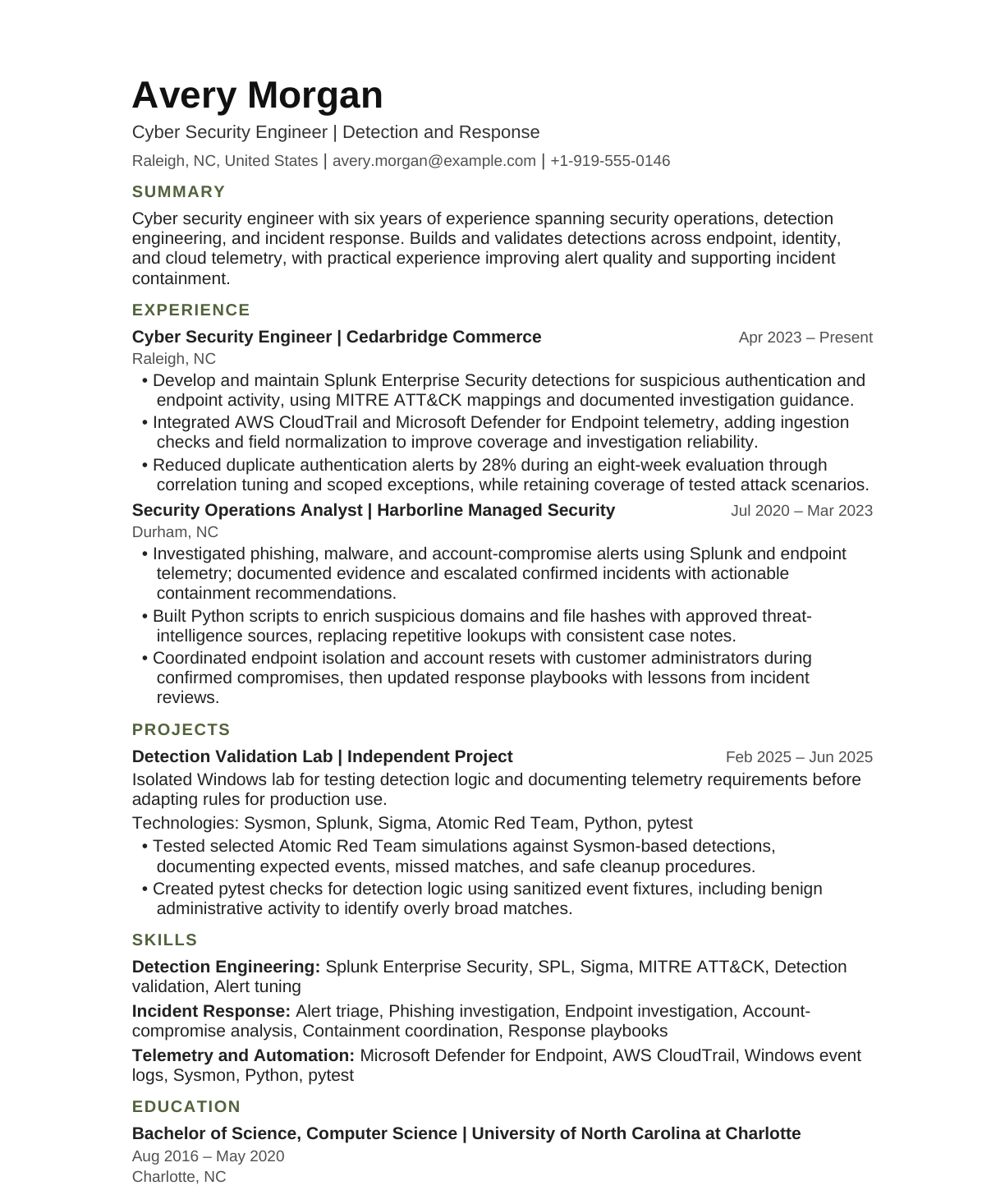 Cyber Security Engineer — Detection and Response resume example