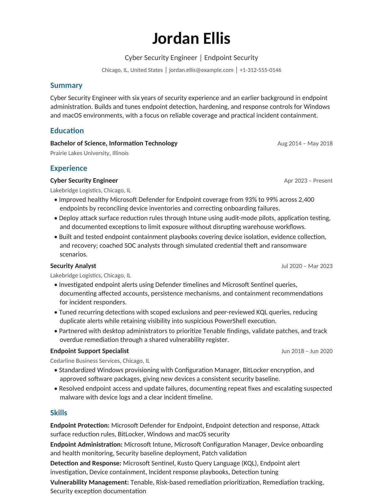 Cyber Security Engineer — Endpoint Security resume example