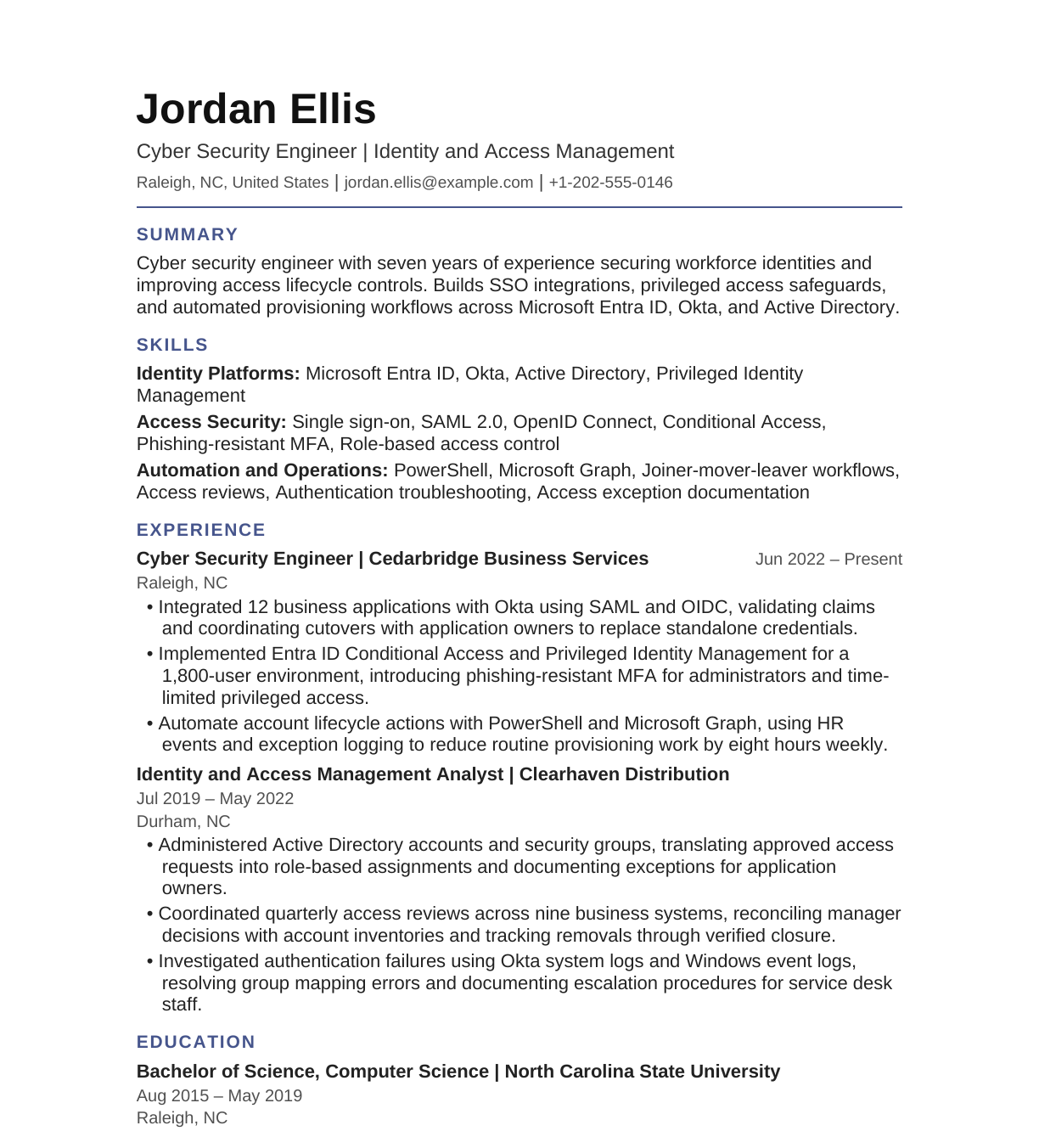 Cyber Security Engineer — Identity and Access Management resume example
