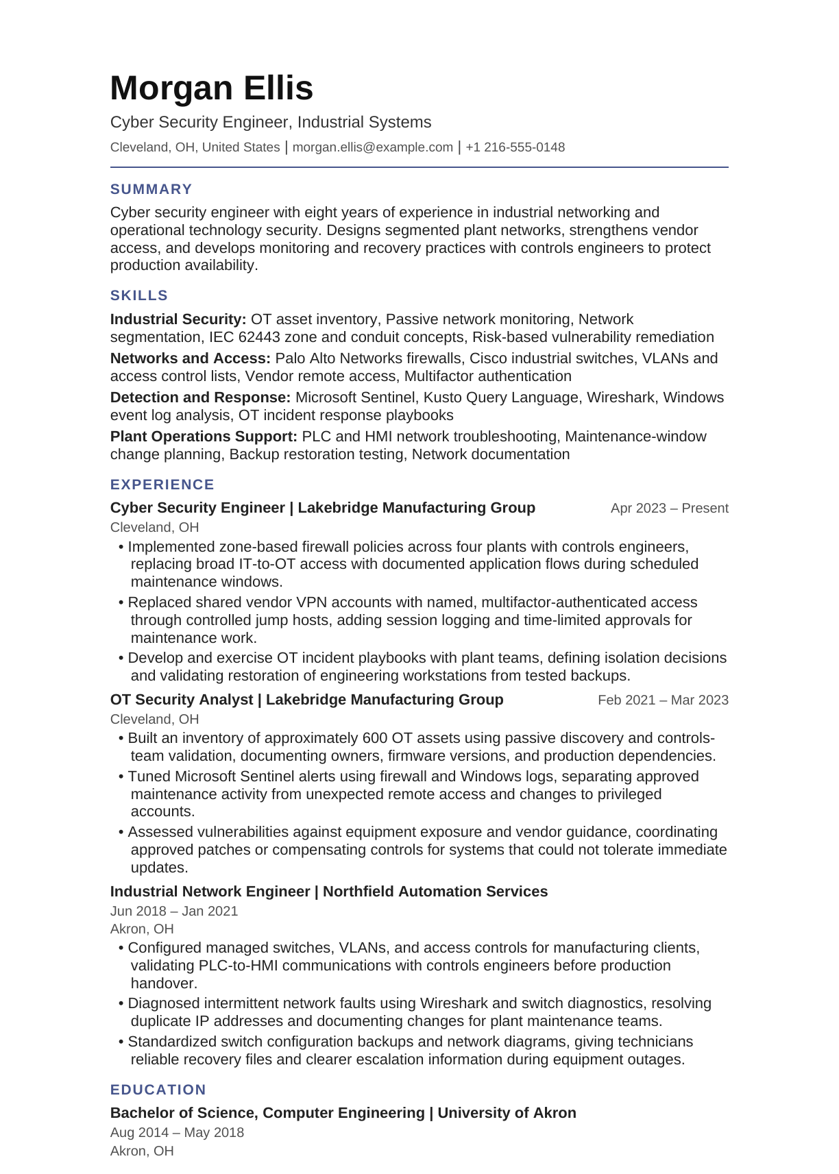 Cyber Security Engineer — Industrial Systems resume example