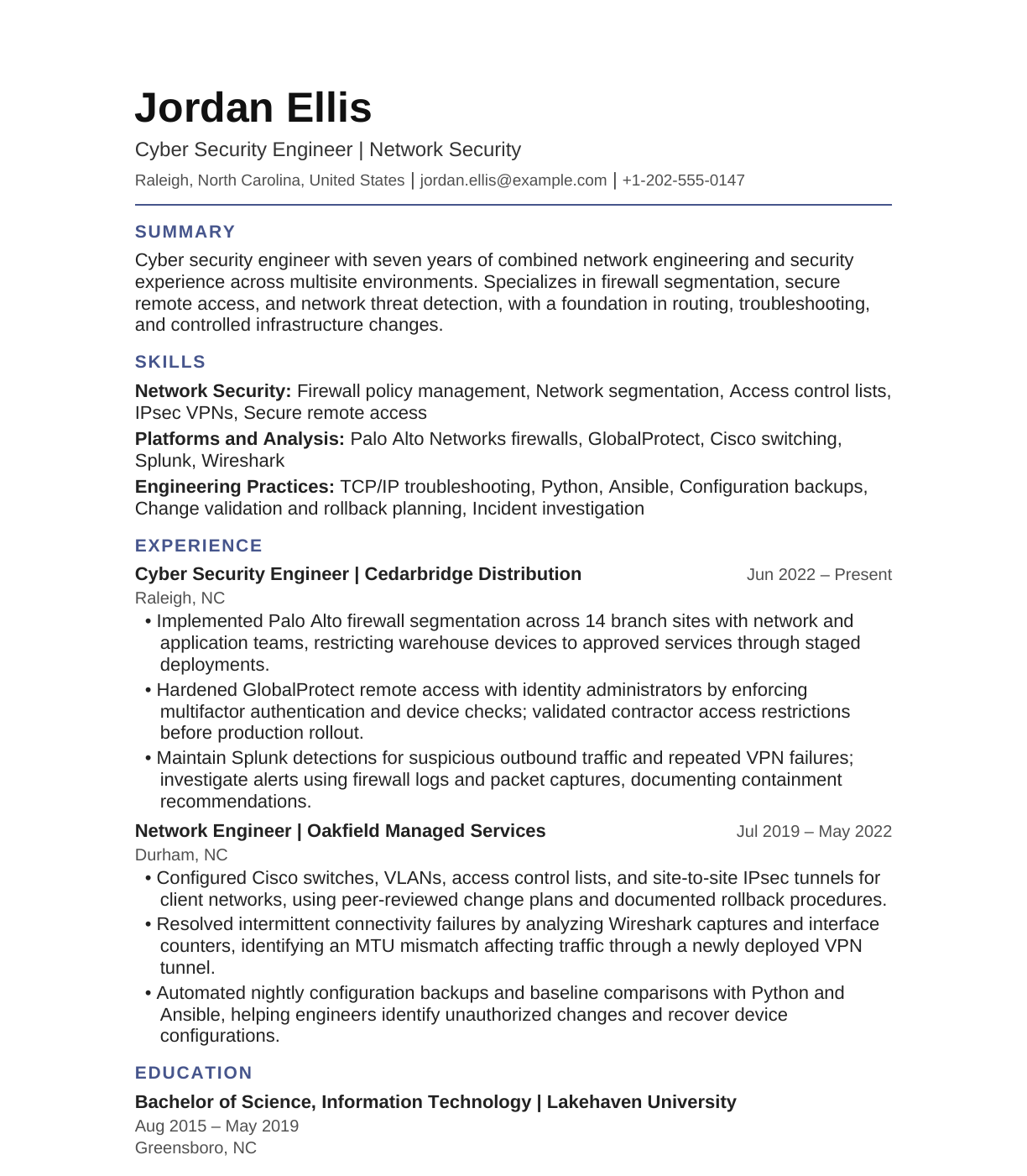 Cyber Security Engineer — Network Security resume example