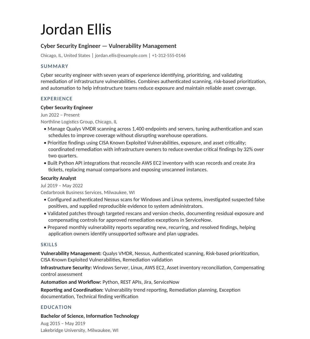 Cyber Security Engineer — Vulnerability Management resume example