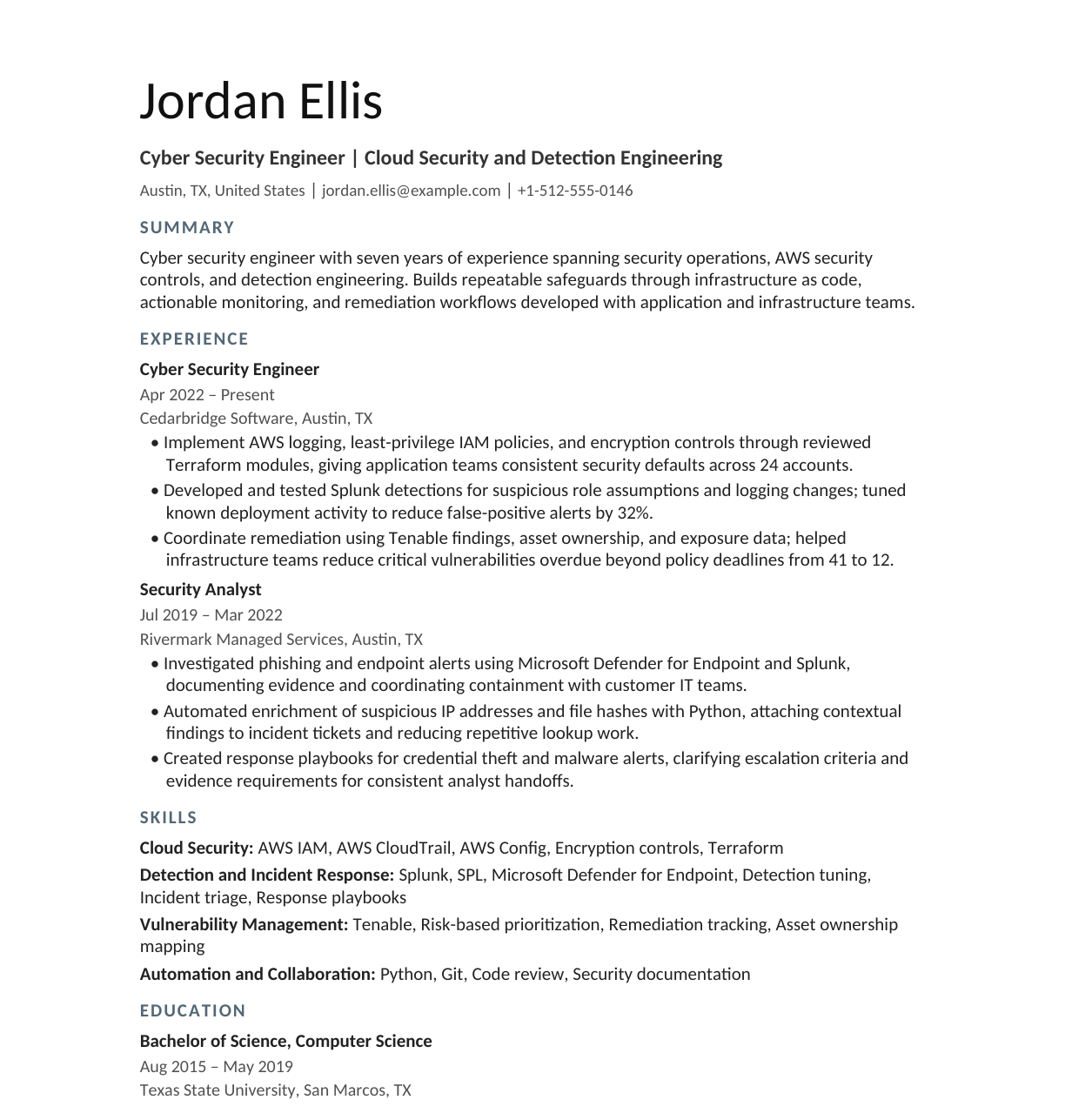Cyber Security Engineer resume example