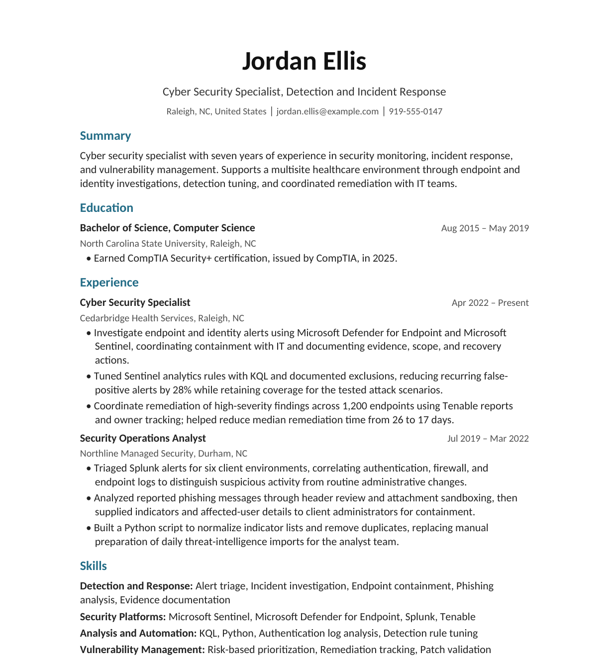 Cyber Security Specialist resume example