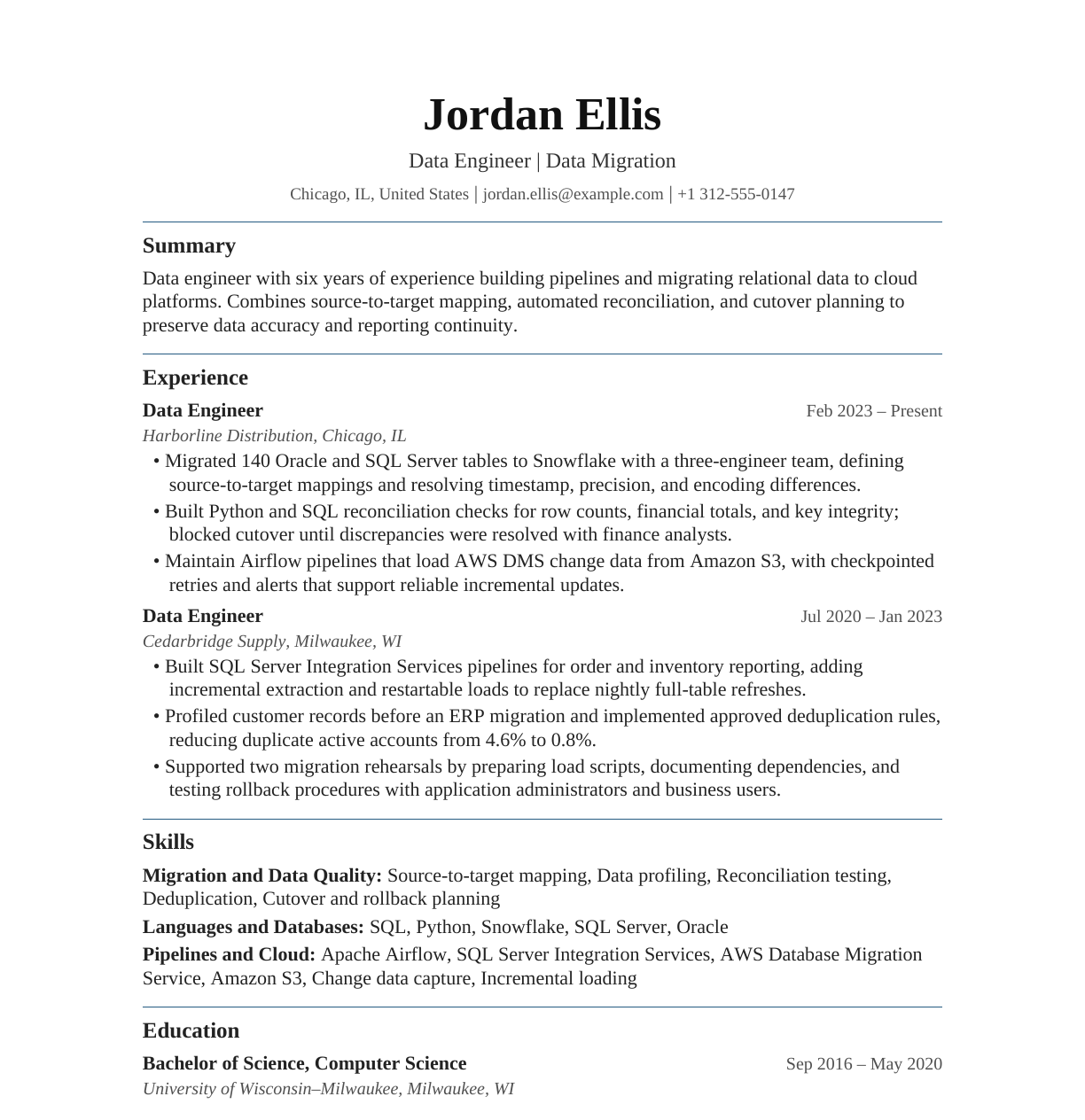 Data Engineer — Data Migration resume example
