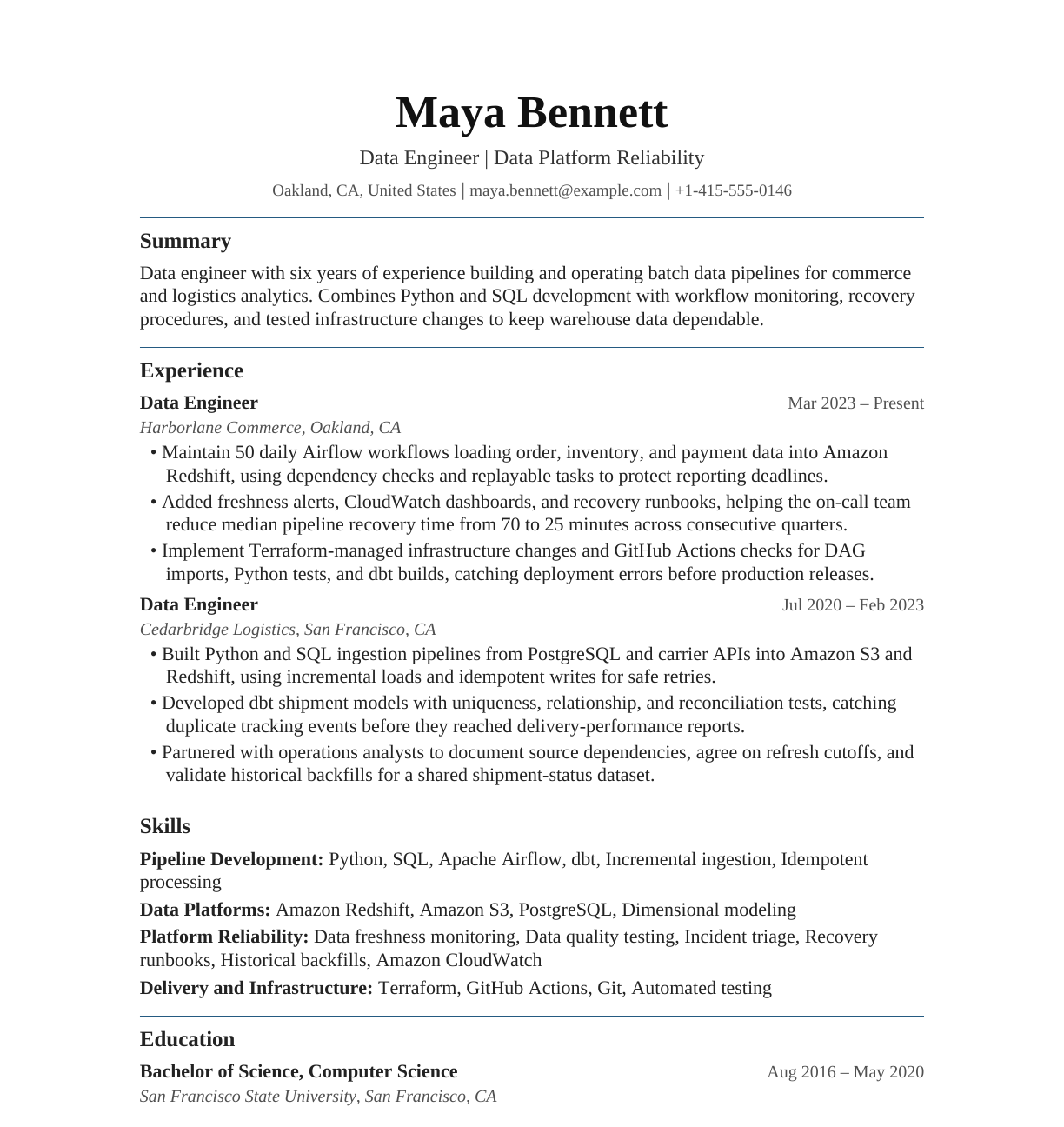 Data Engineer — Data Platform Reliability resume example