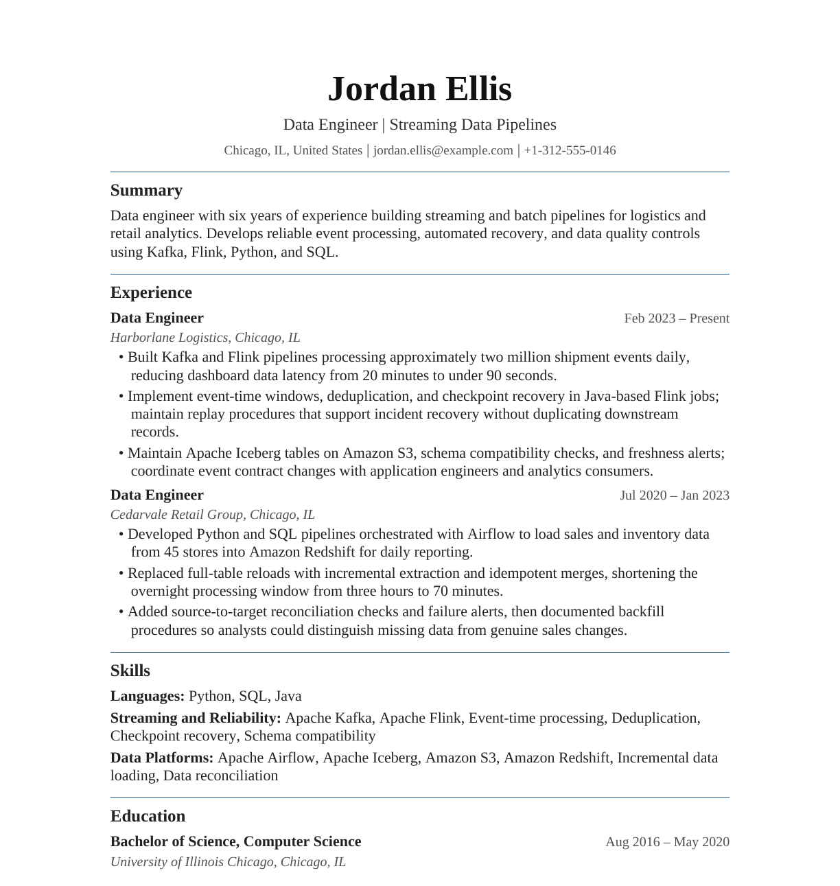 Data Engineer — Streaming Pipelines resume example