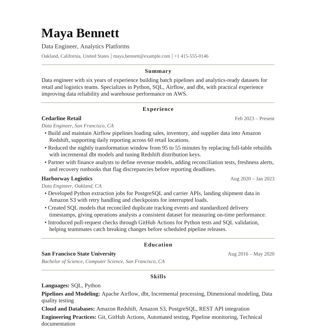 Data Engineer resume example