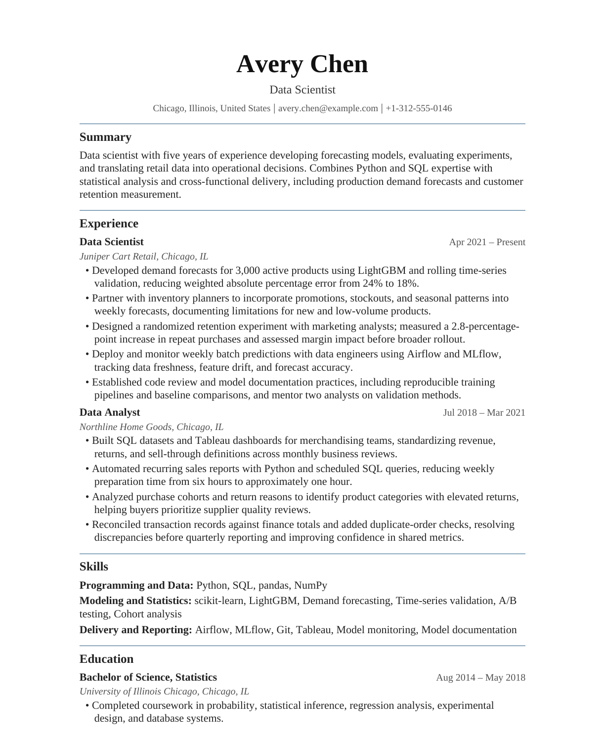 Data Scientist resume example