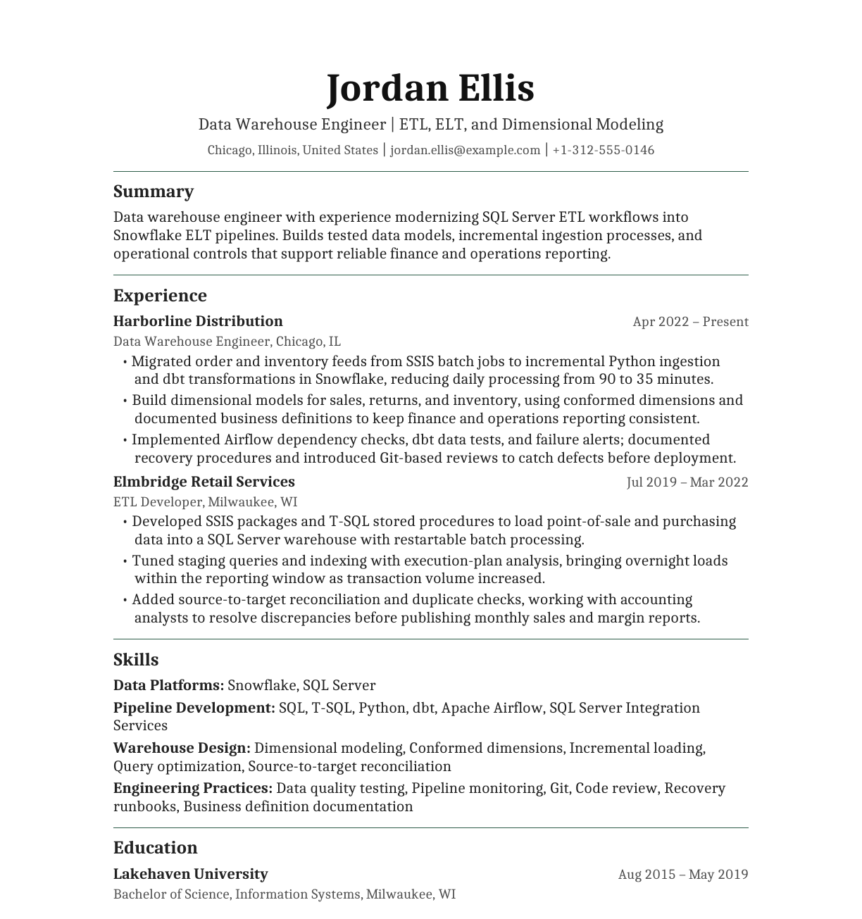 Data Warehouse Engineer — ETL and ELT resume example