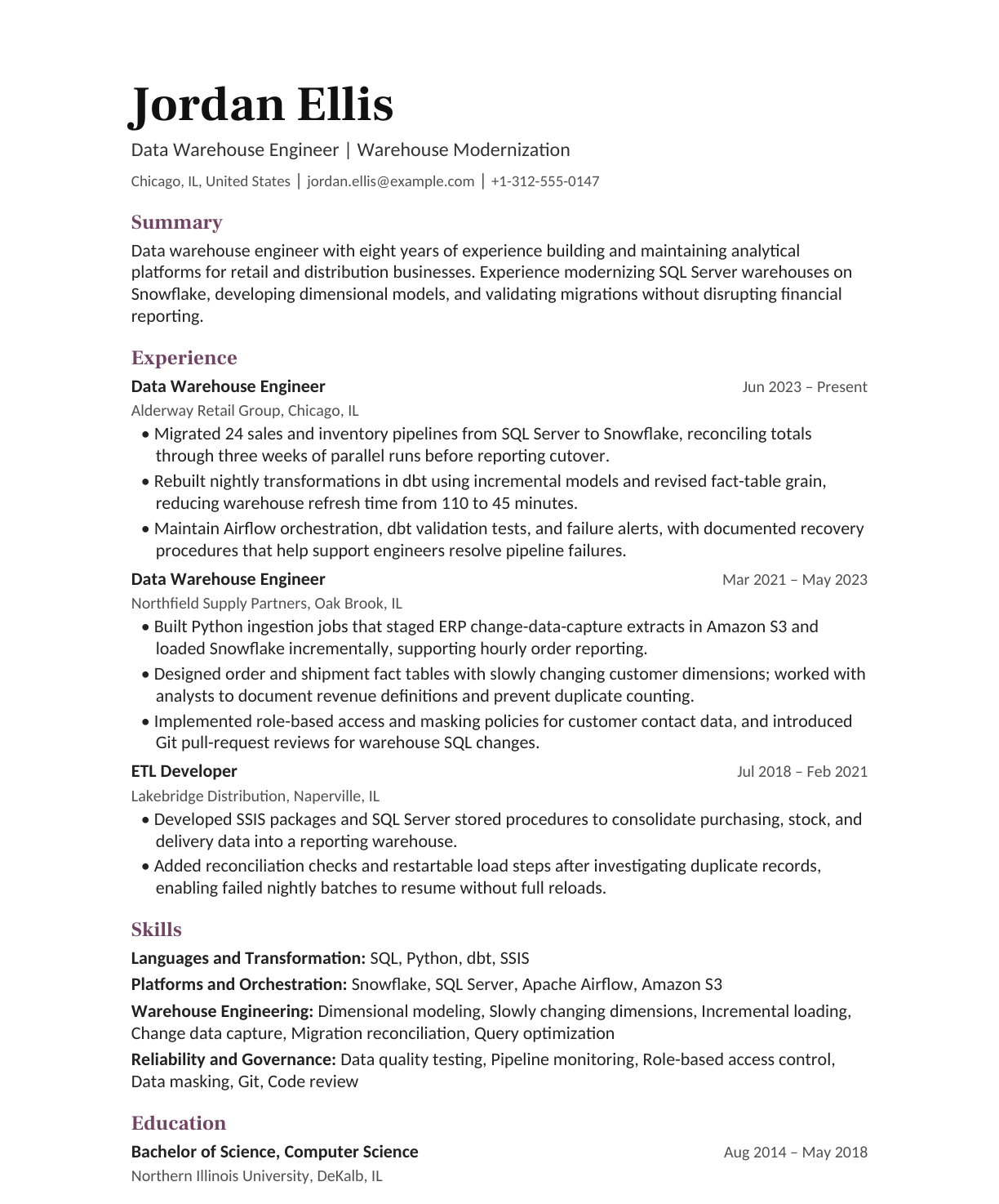 Data Warehouse Engineer — Warehouse Modernization resume example