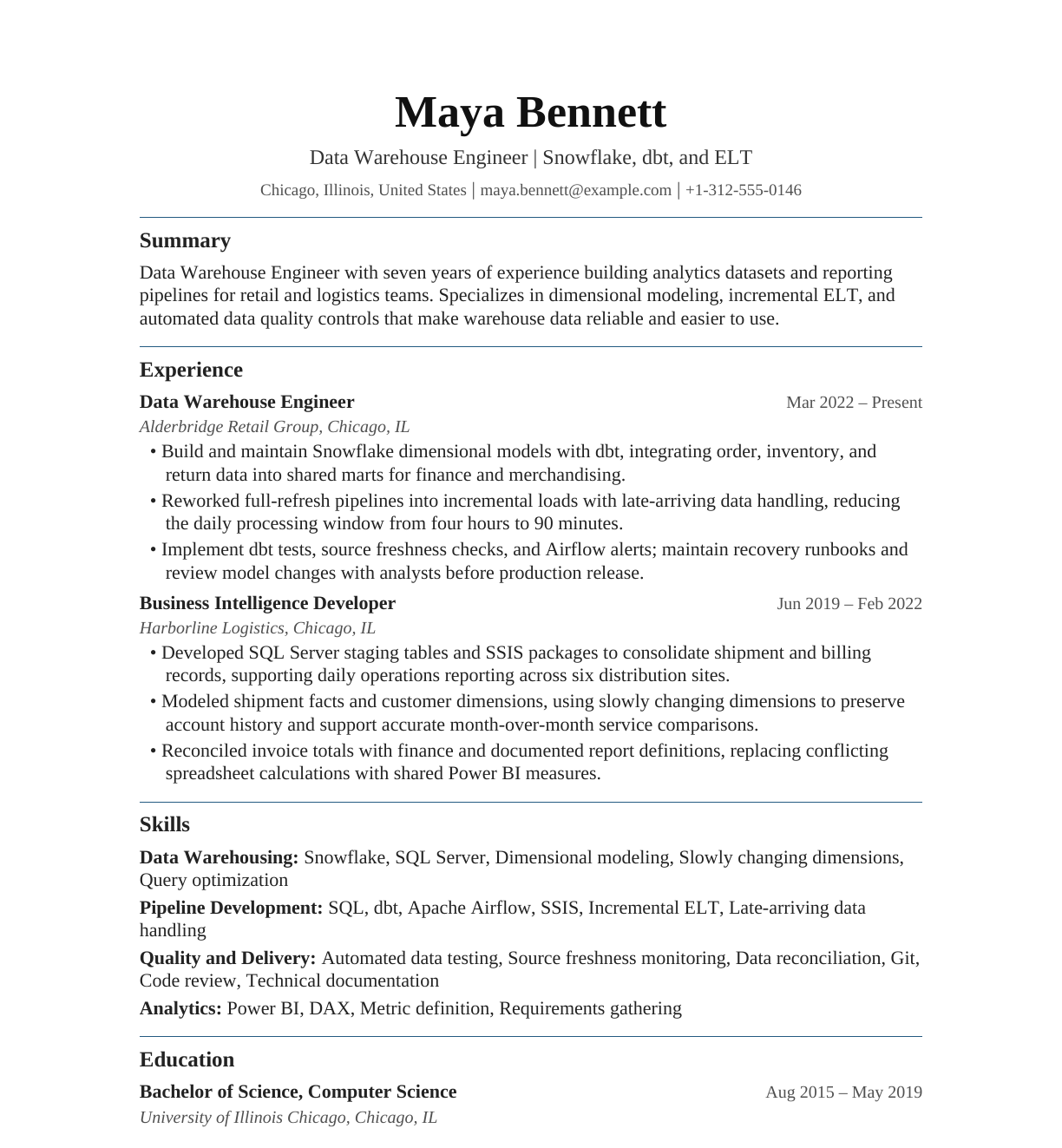 Data Warehouse Engineer resume example