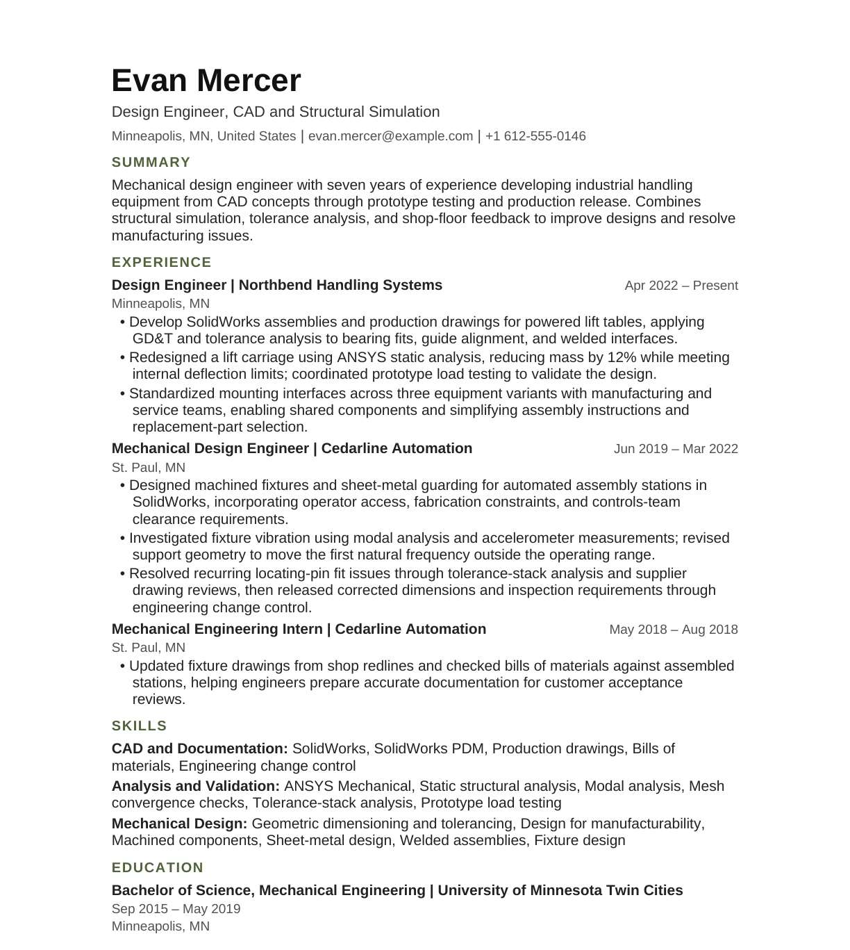 Design Engineer — CAD and Simulation resume example