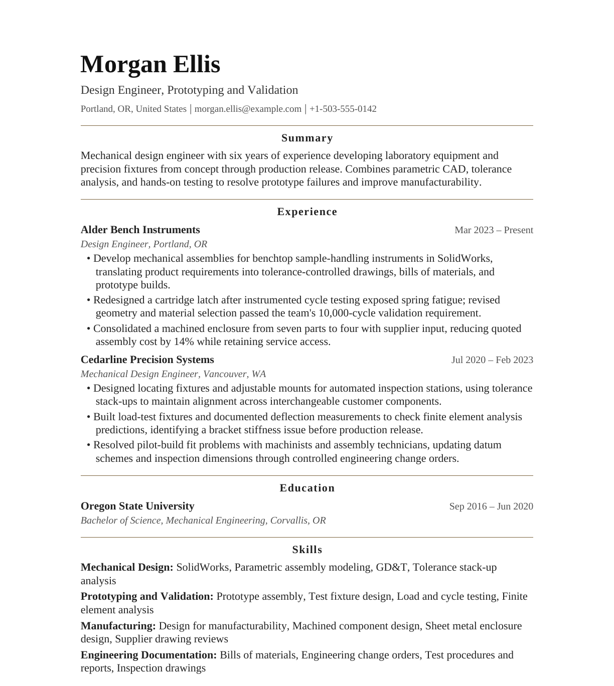 Design Engineer — Prototyping and Validation resume example