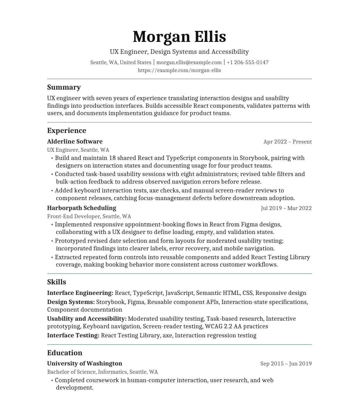 Design Systems UX Engineer resume example preview