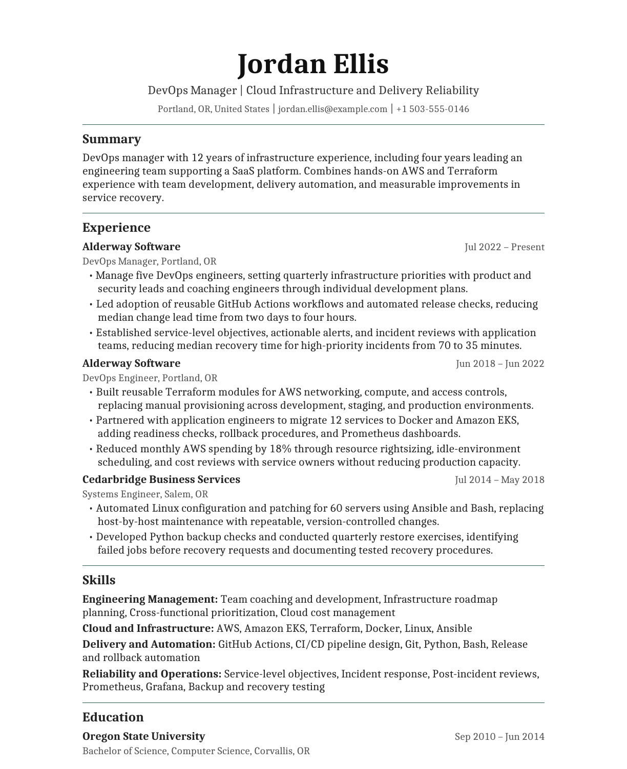 DevOps Manager resume example