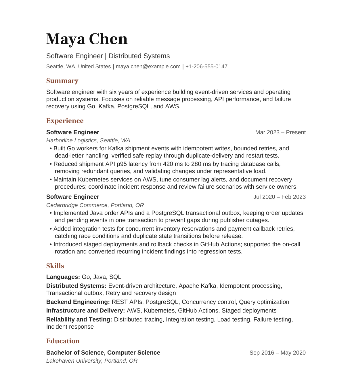 Distributed Systems Software Engineer resume example